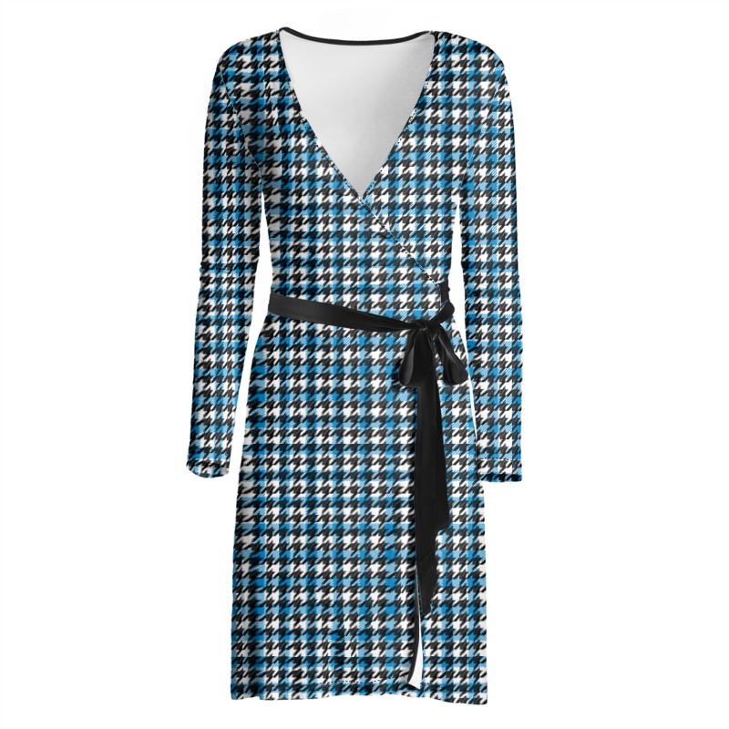 Blue Houndstooth Wrap Dress