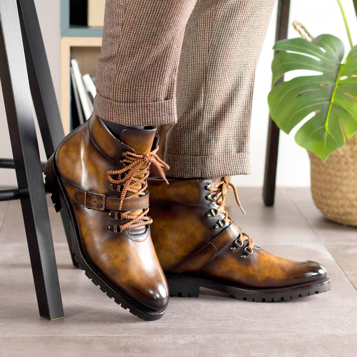 Tobacco Coloured Hiking Boot, Handmade Goodyear Welted Lace Up Boots
