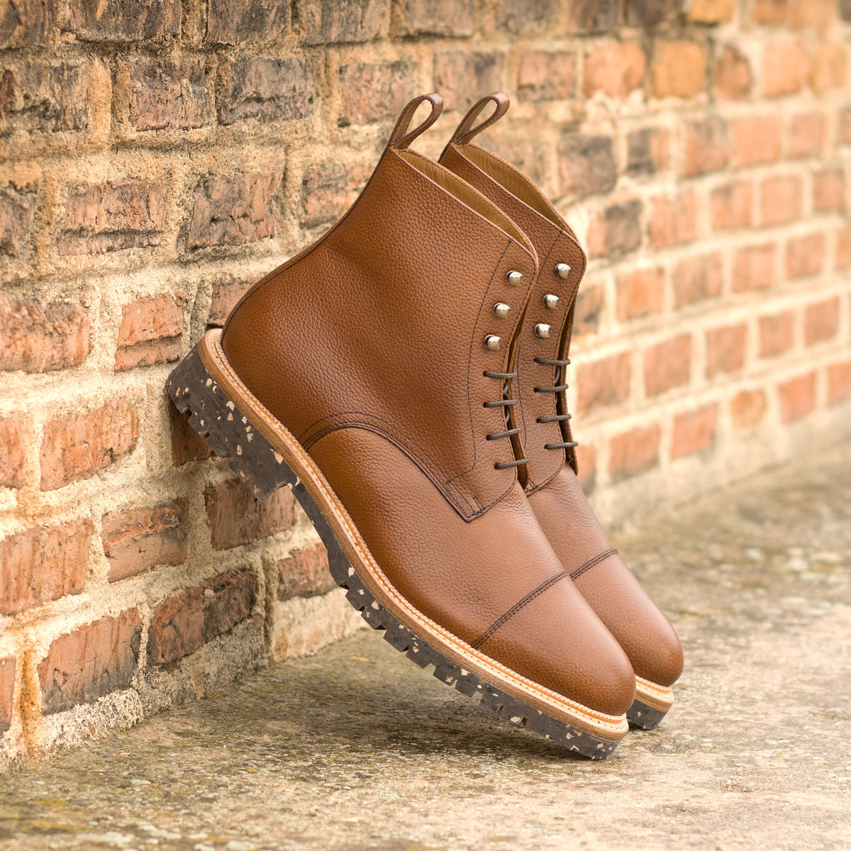 Whisky Brown Leather Combat Boots with Goodyear Welted Recycled Rubber sole