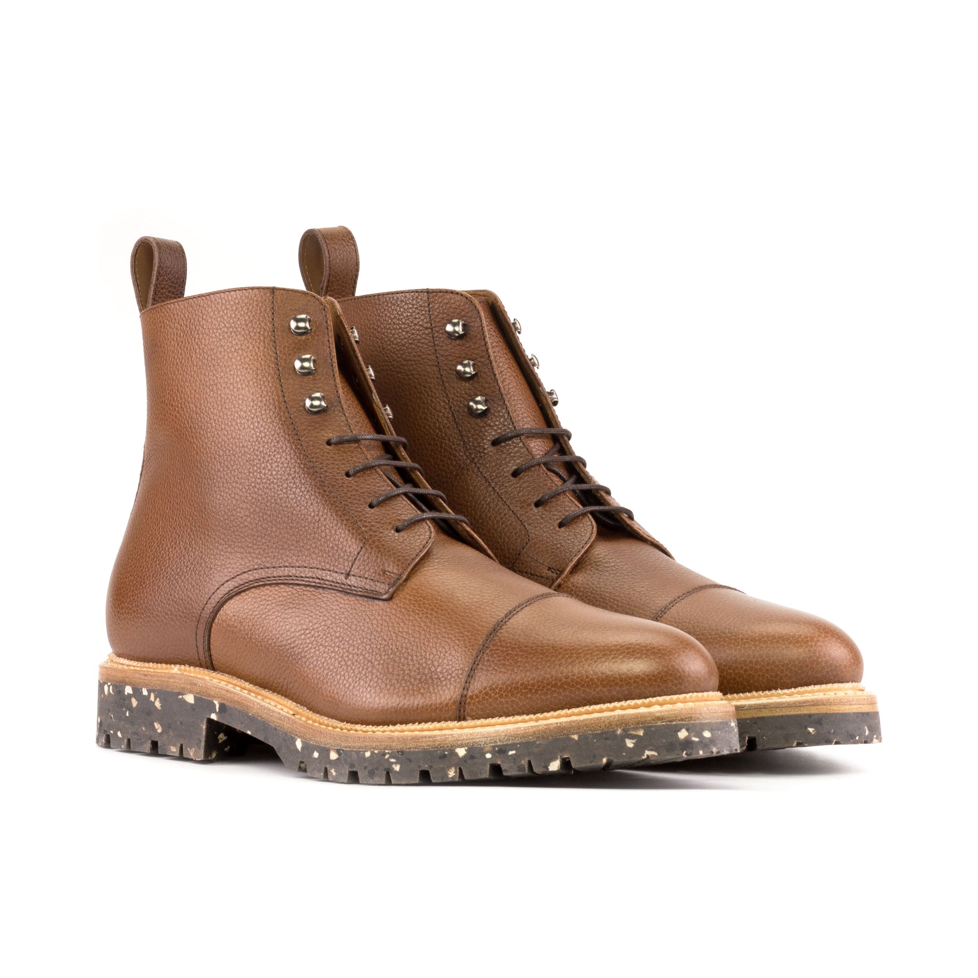 Whisky Brown Leather Combat Boots with Goodyear Welted Recycled Rubber sole
