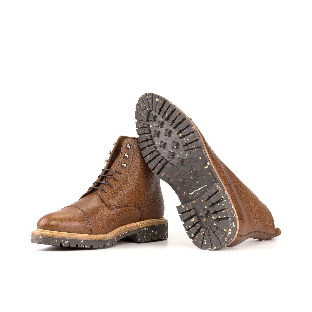 Whisky Brown Leather Combat Boots with Goodyear Welted Recycled Rubber sole