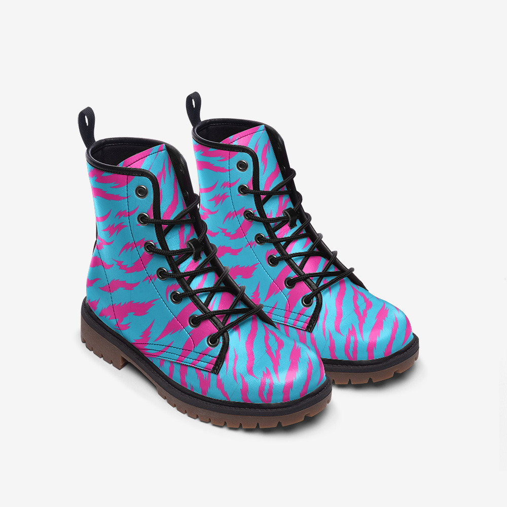 Combat Boots Neon Tiger, Animal Print, Ankle Boots, Vegan Leather Combat Boots, Lace Up Boots