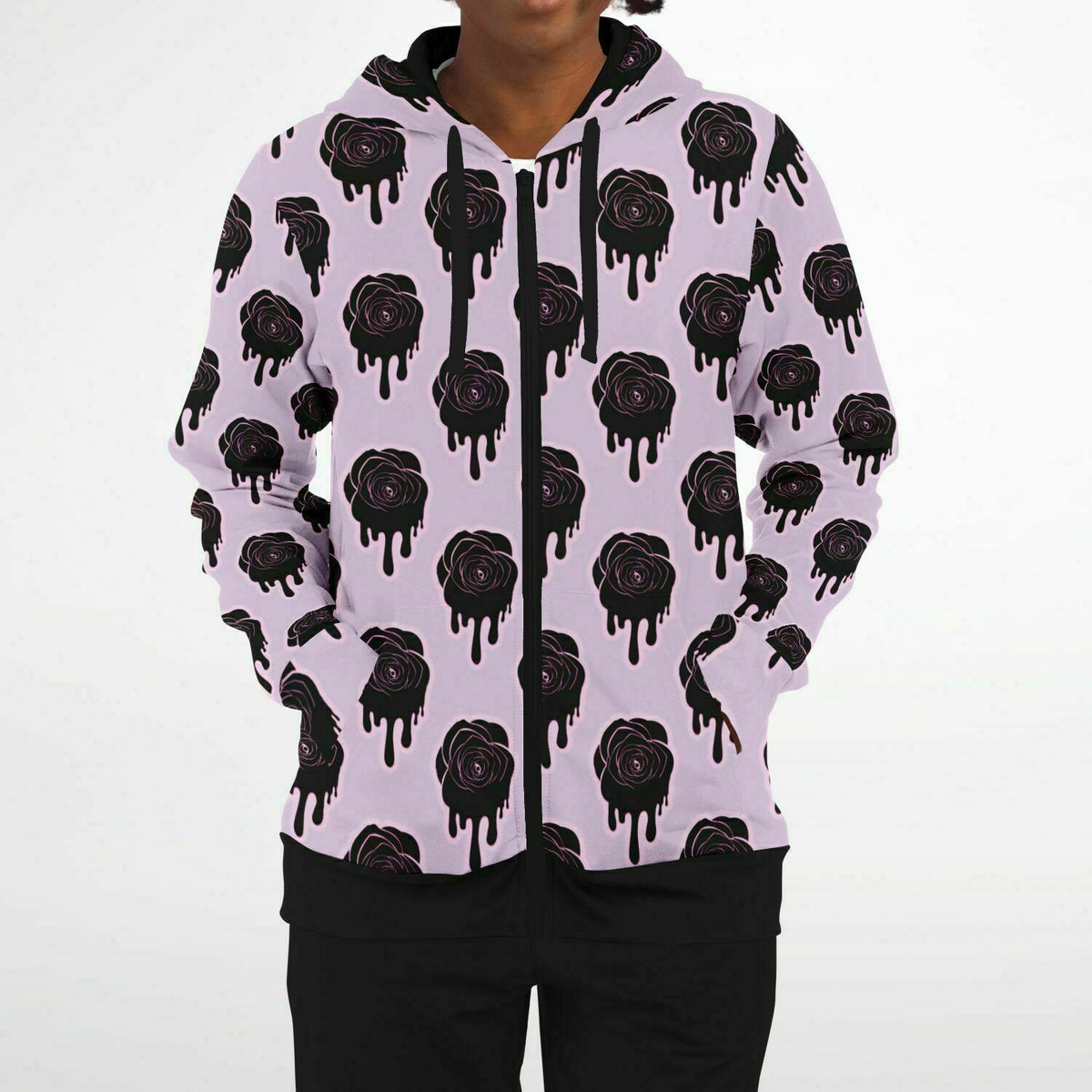 Athletic Zip-Up Hoodie - Black Rose Hoodie, Pastel Goth Hoodie