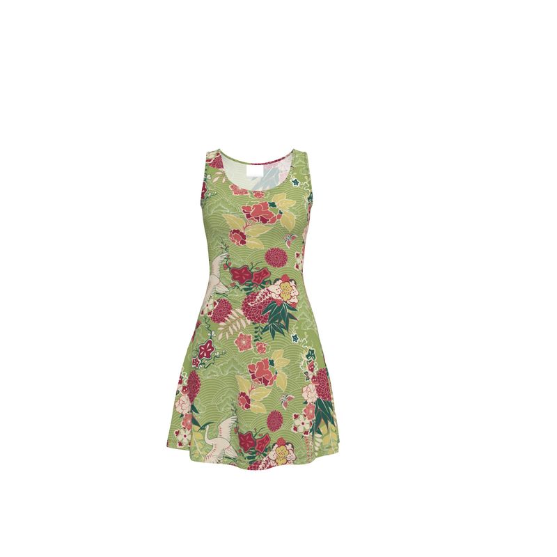 Chinese Crane Vintage Print Skater Dress