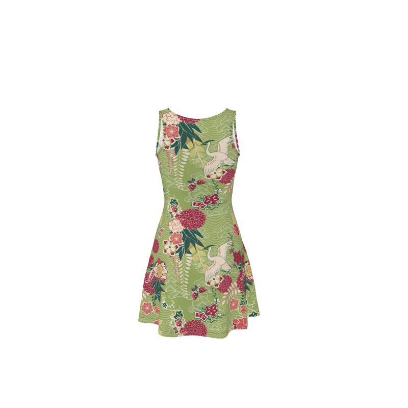 Chinese Crane Vintage Print Skater Dress