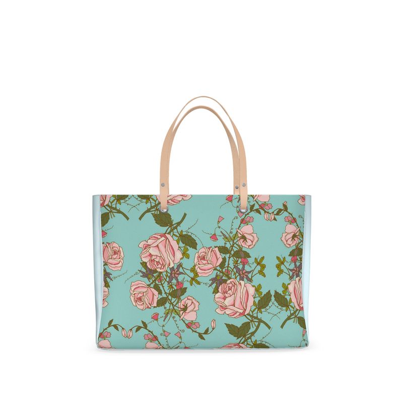 Vintage Floral Print Premium Leather Handbag (Powder Blue) (also avail. in Vinyl)