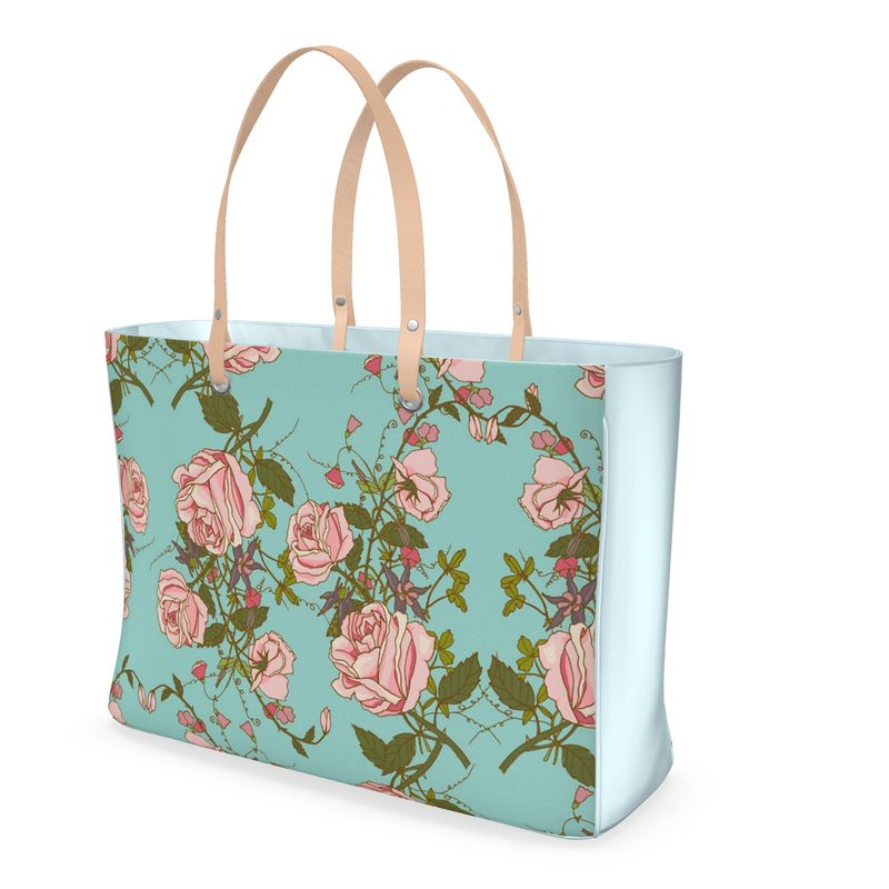 Vintage Floral Print Premium Leather Handbag (Powder Blue) (also avail. in Vinyl)
