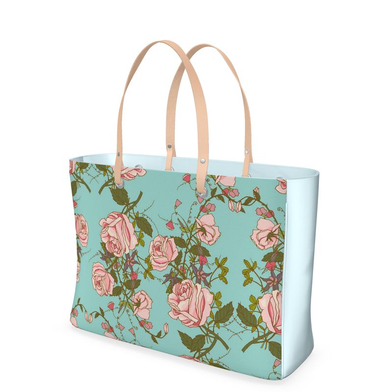 Vintage Floral Print Premium Leather Handbag (Powder Blue) (also avail. in Vinyl)