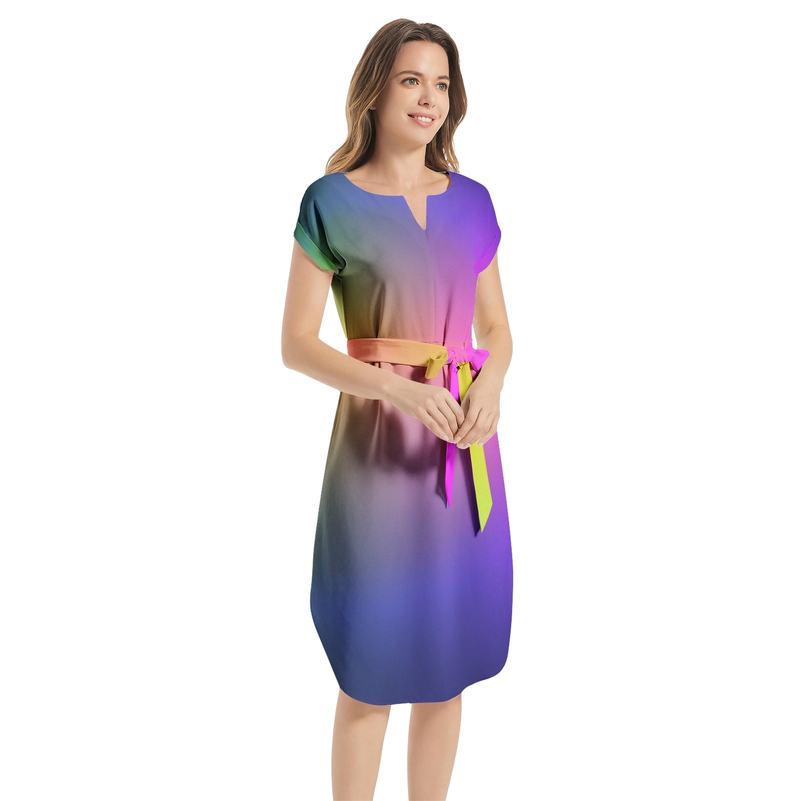 Rainbow Notched Neck Belted Dress