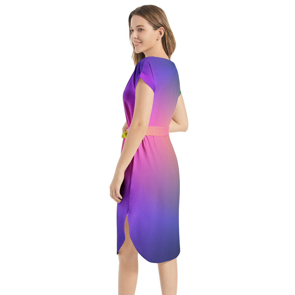Rainbow Notched Neck Belted Dress