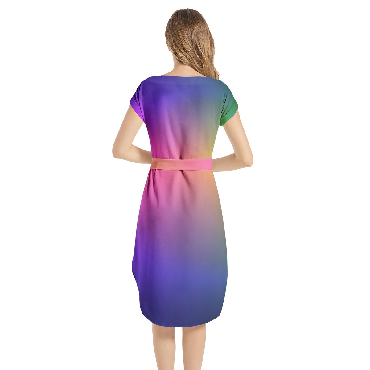 Rainbow Notched Neck Belted Dress