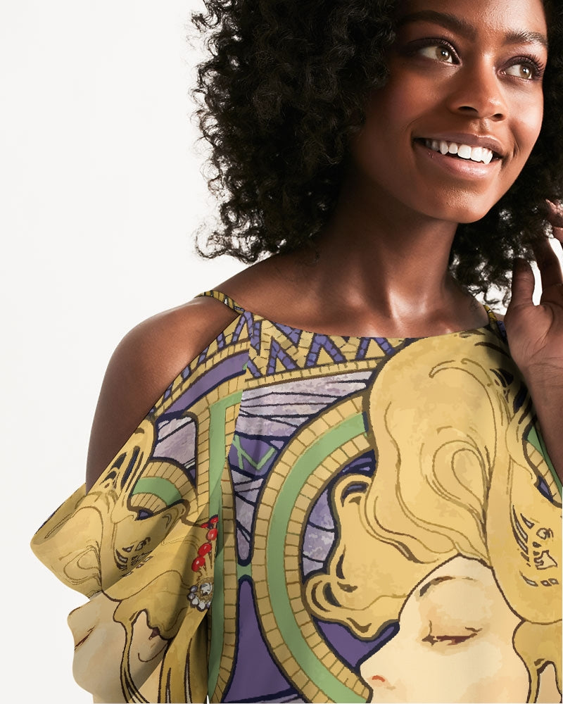 Alphonse Mucha Art Nouveau Women&#39;s Open Shoulder A-Line Dress