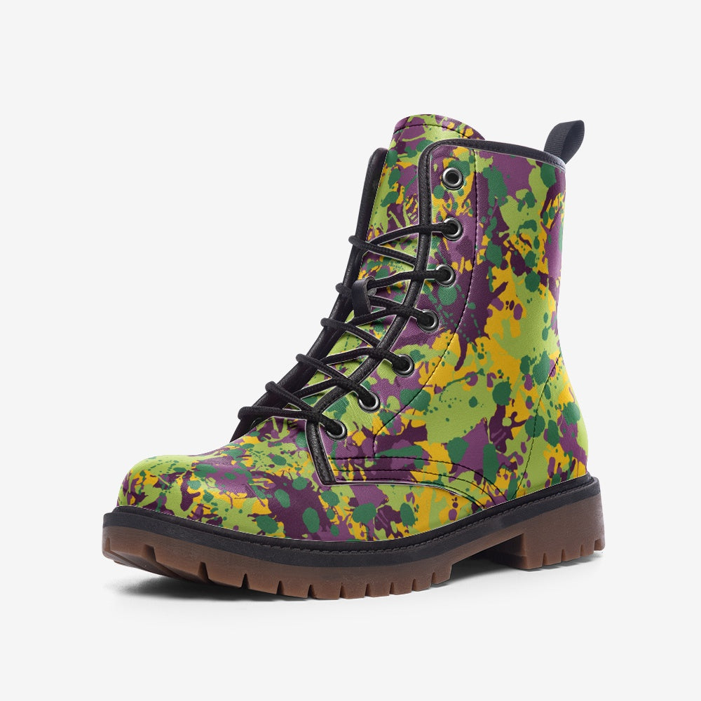 Vegan Combat Boots, Ink Splash Camo, Ankle Boots, Lace Up Boots