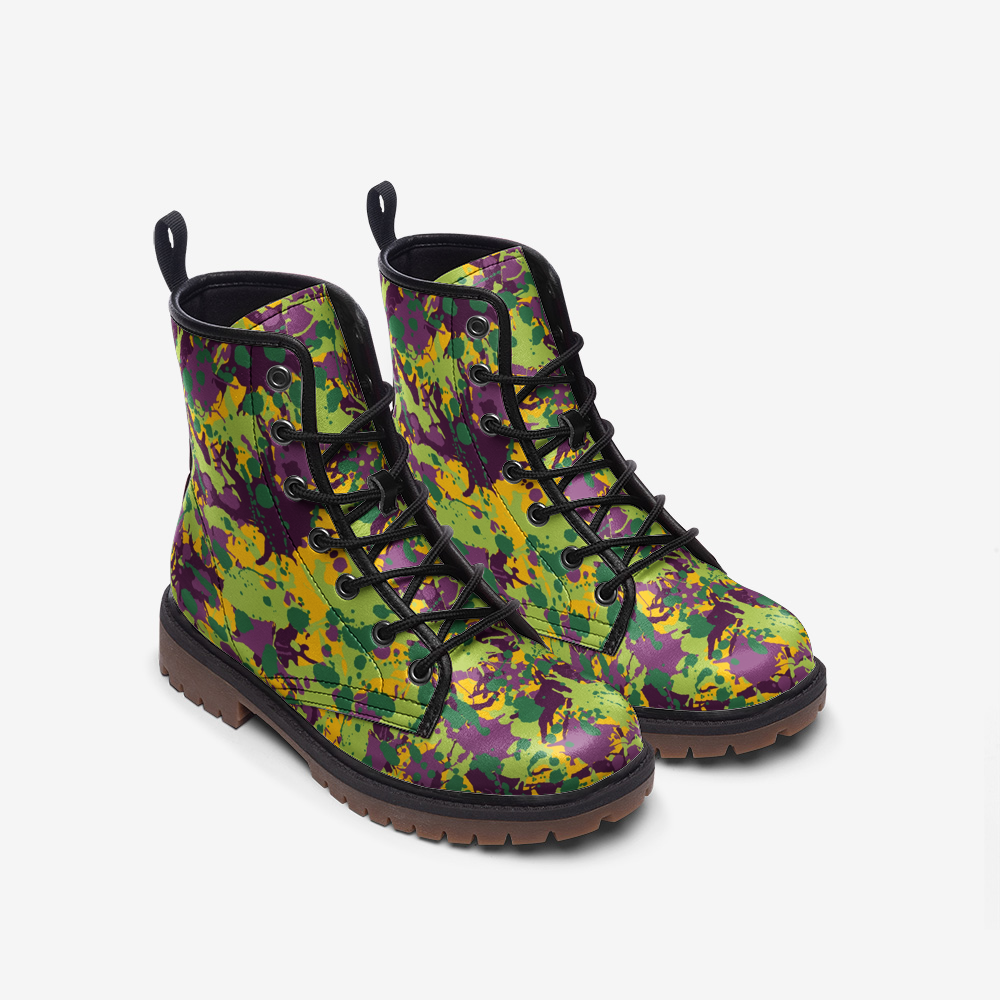 Vegan Combat Boots, Ink Splash Camo, Ankle Boots, Lace Up Boots