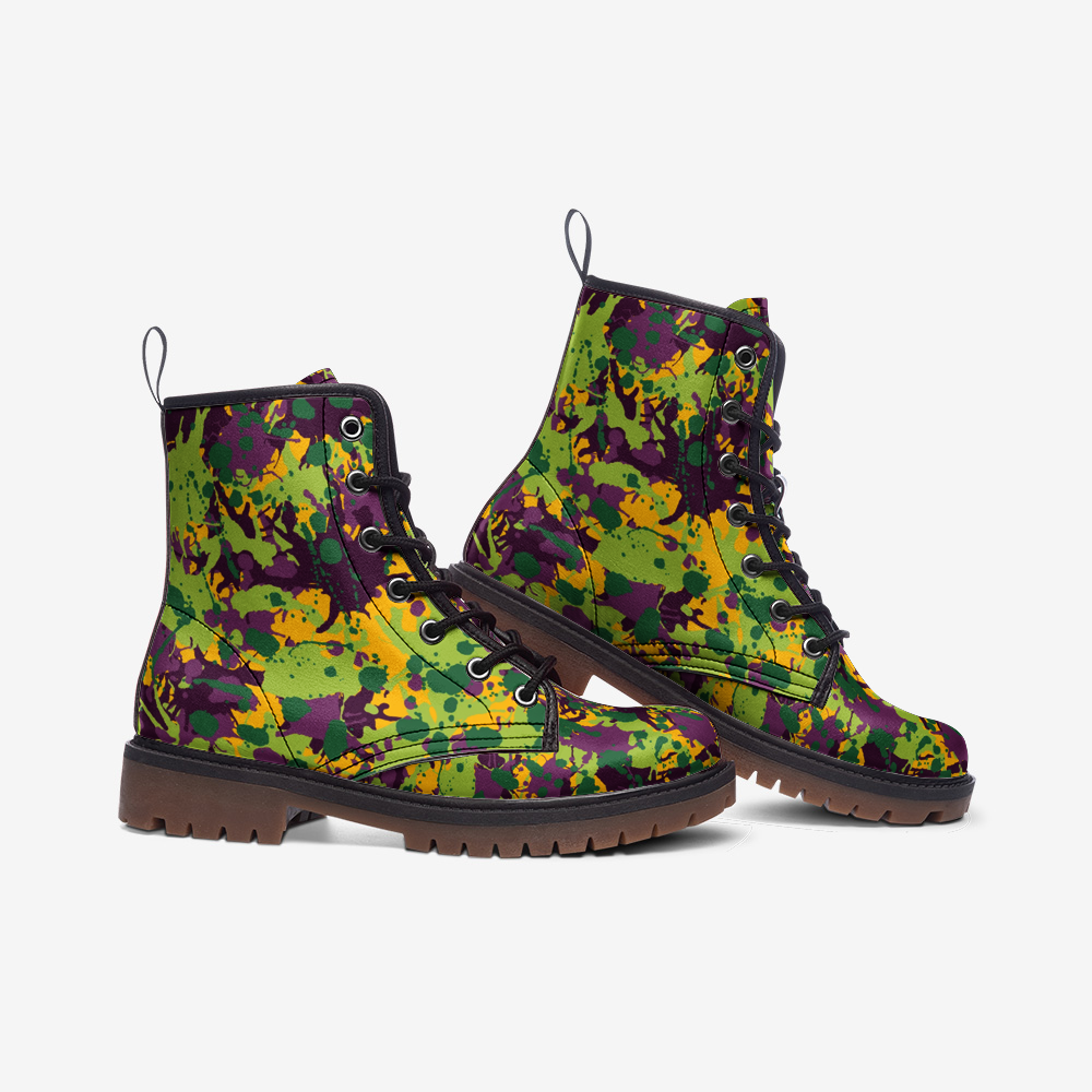 Vegan Combat Boots, Ink Splash Camo, Ankle Boots, Lace Up Boots