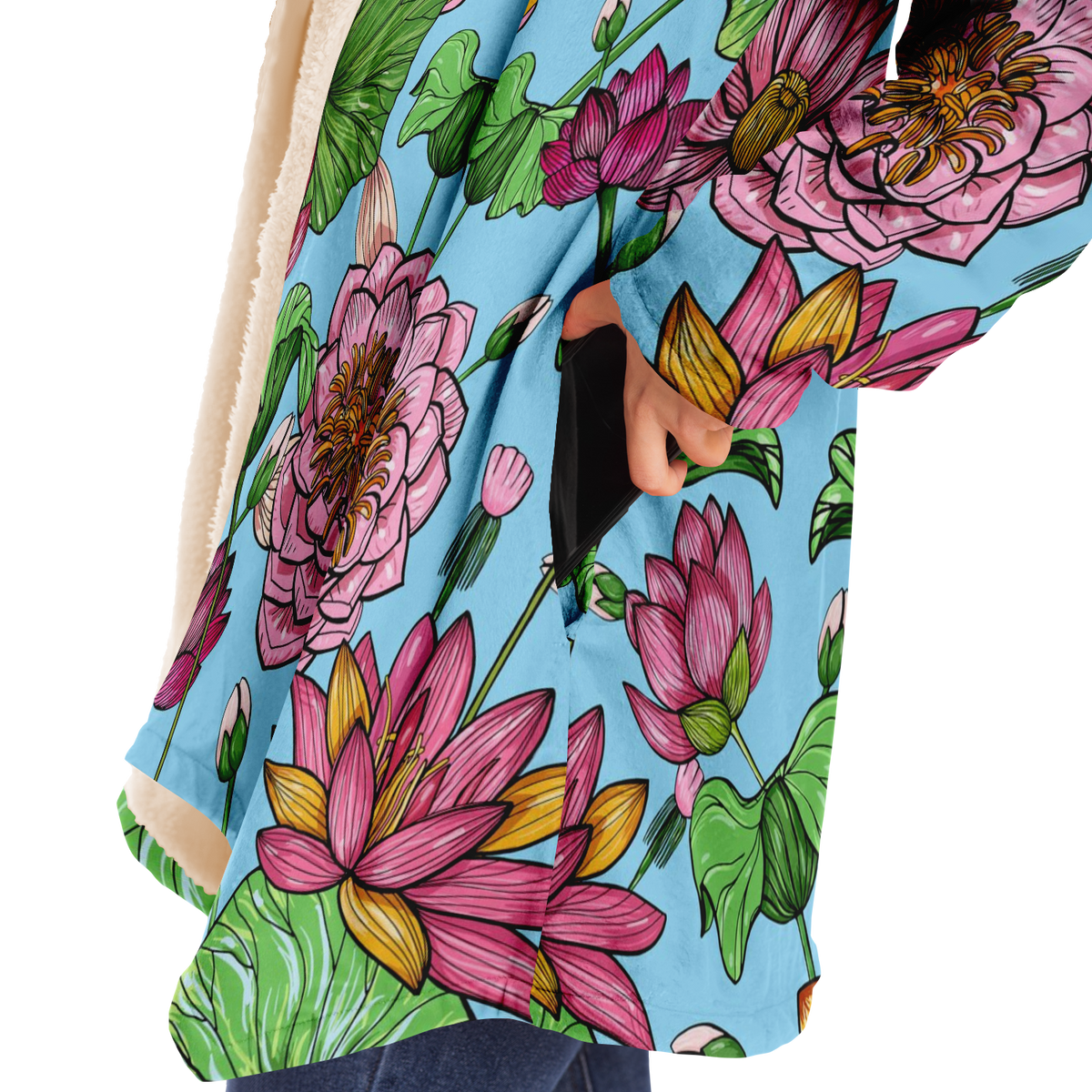 Retro Flower Unisex Hooded Microfleece Cloak (With Pockets)