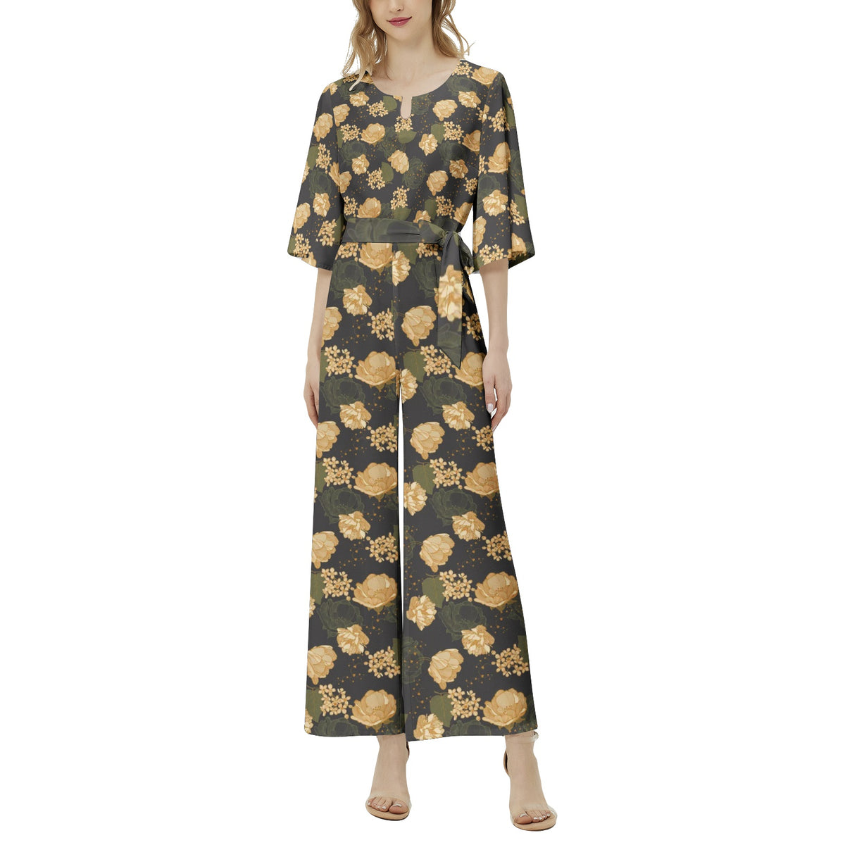 Dolman Sleeve Belted Wide Leg Jumpsuit - Art Nouveau Flowers