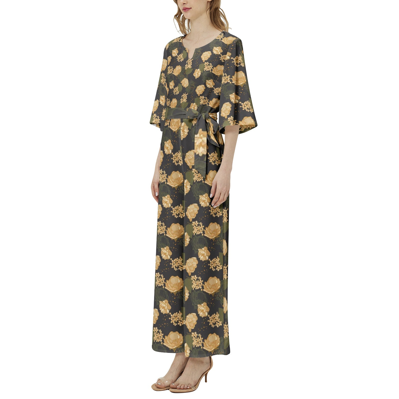 Dolman Sleeve Belted Wide Leg Jumpsuit - Art Nouveau Flowers