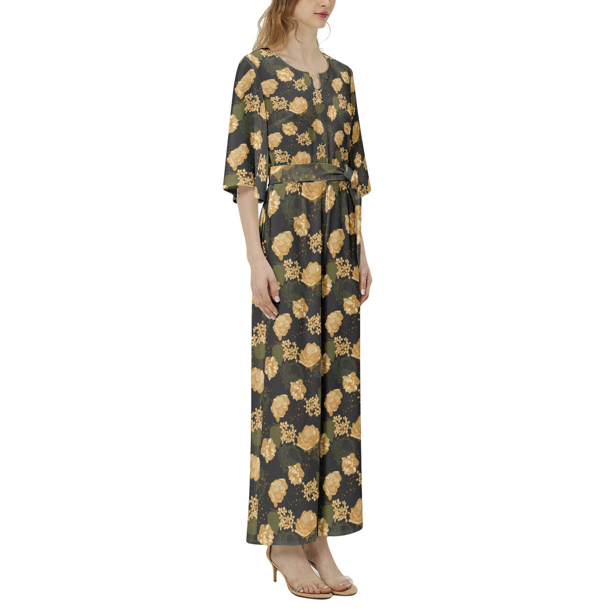Dolman Sleeve Belted Wide Leg Jumpsuit - Art Nouveau Flowers