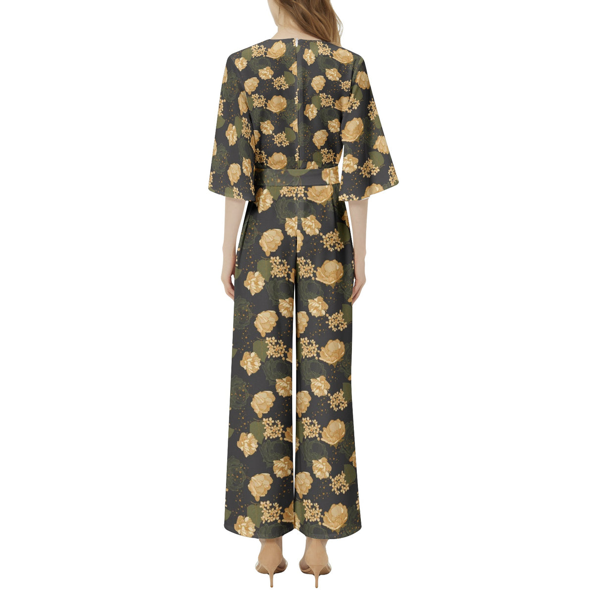 Dolman Sleeve Belted Wide Leg Jumpsuit - Art Nouveau Flowers