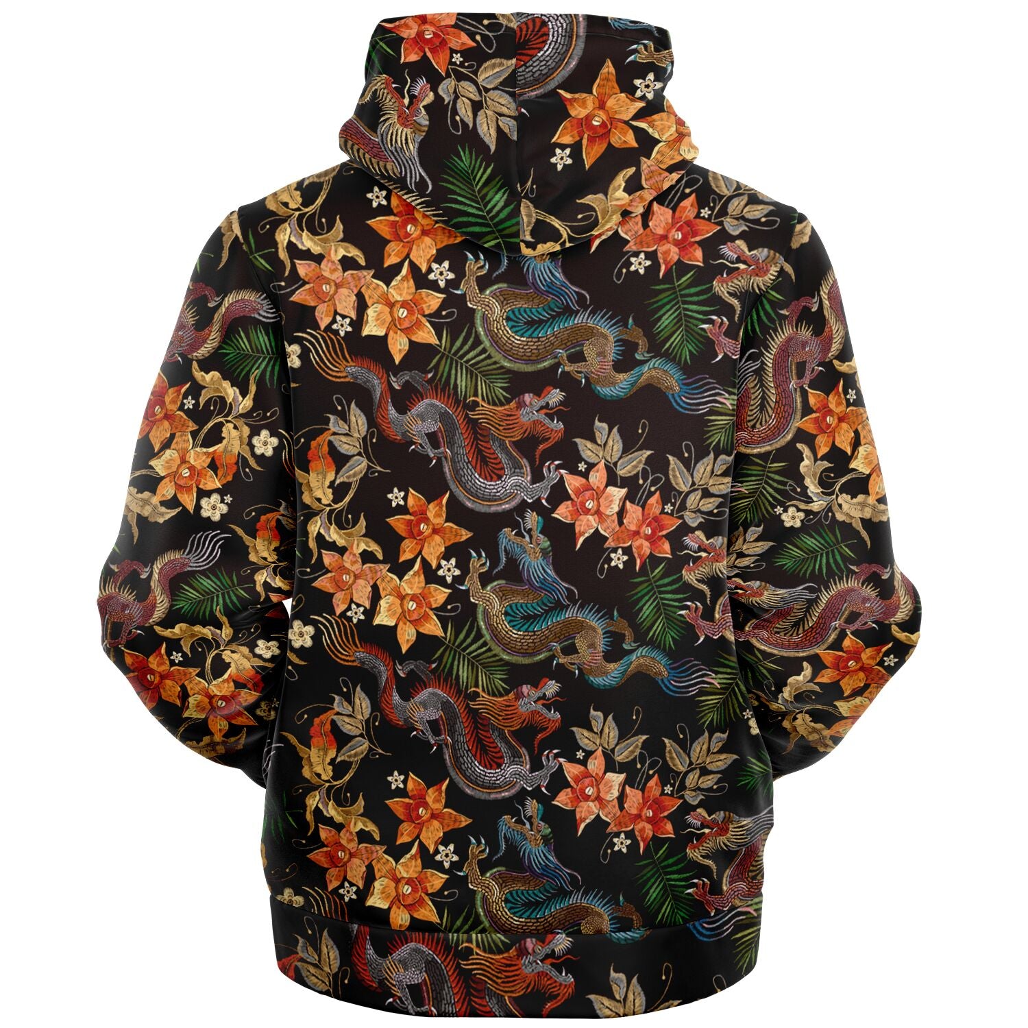 Harajuku Dragon and Floral Orange Blossom Microfleece Zip-Up Hoodie - Perfect for Festivals, Lounge Wear, and Outdoor Activities