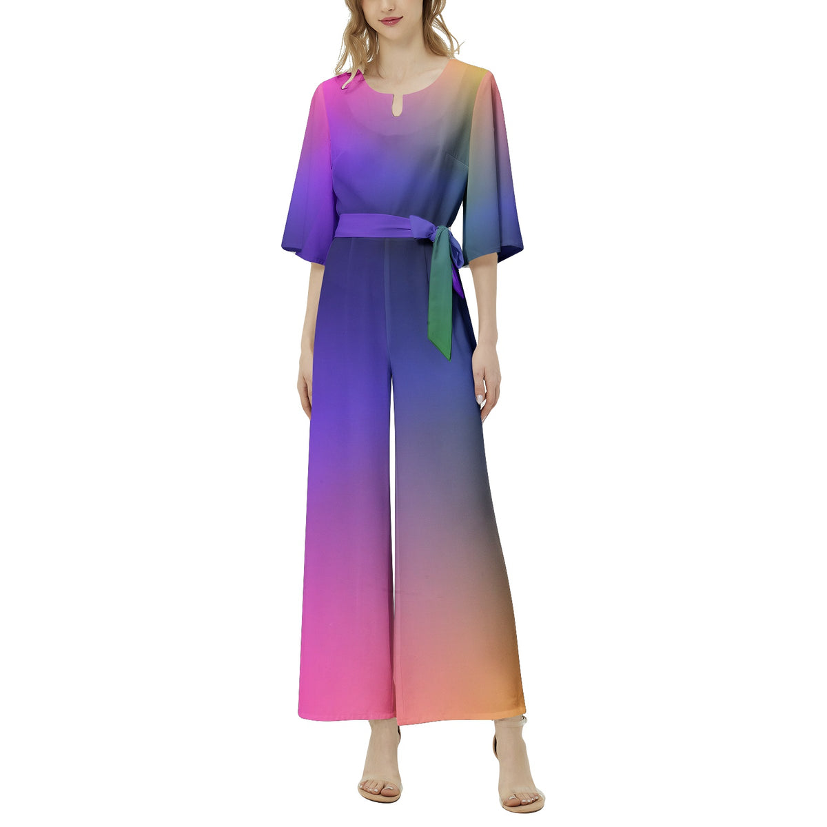 Jumpsuit mit Dolman-Ärmeln und weitem Bein und Regenbogen-Gürtel