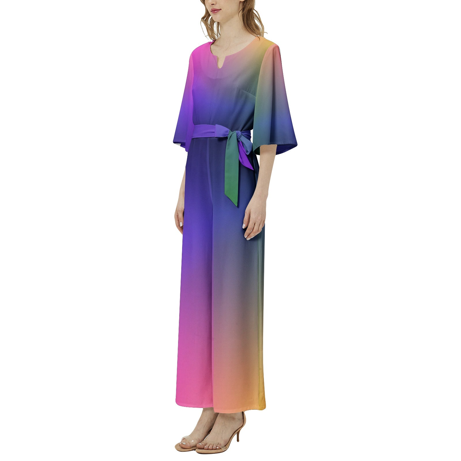 Jumpsuit mit Dolman-Ärmeln und weitem Bein und Regenbogen-Gürtel