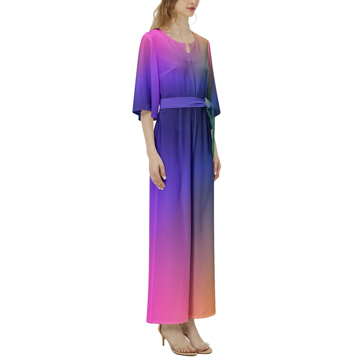 Jumpsuit mit Dolman-Ärmeln und weitem Bein und Regenbogen-Gürtel