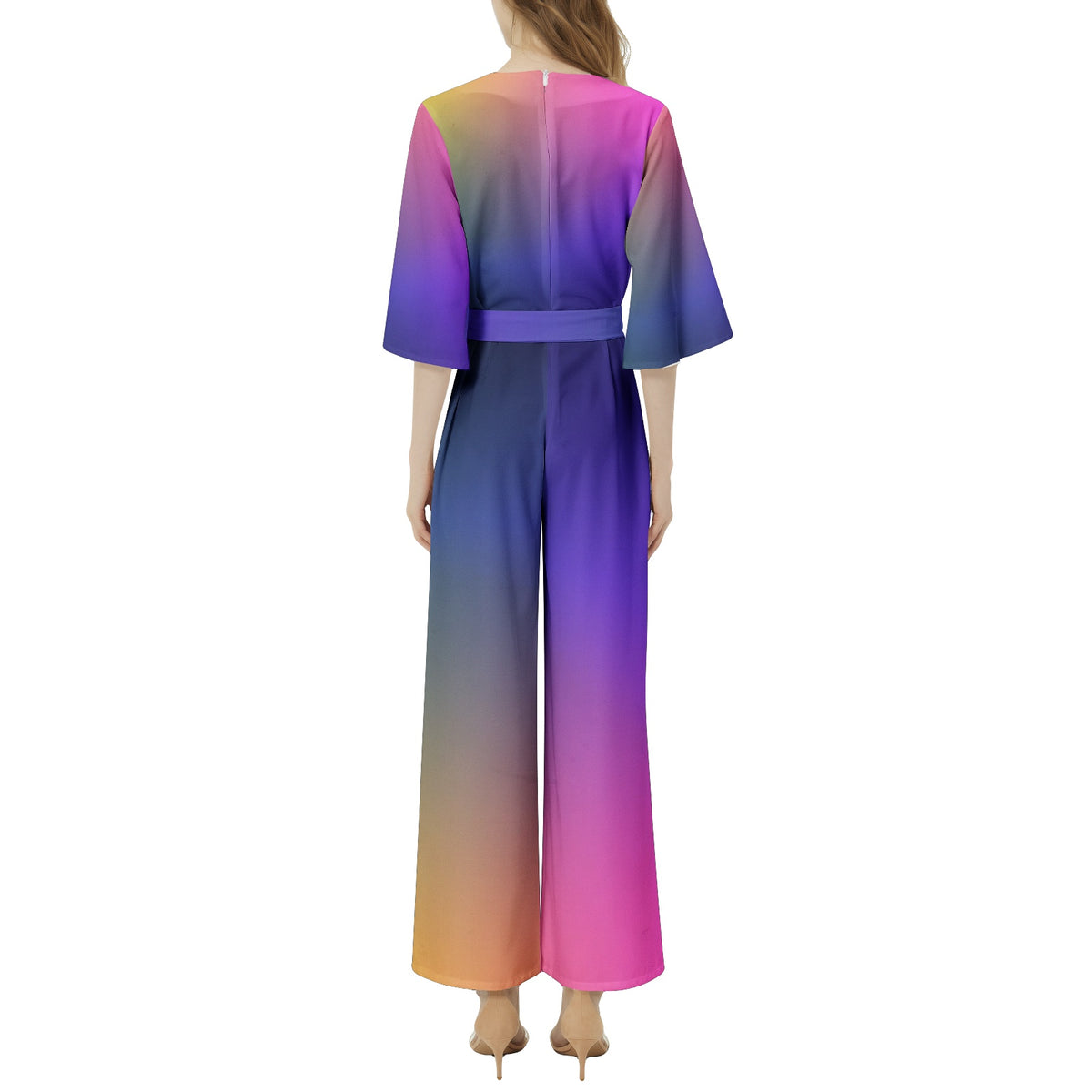 Jumpsuit mit Dolman-Ärmeln und weitem Bein und Regenbogen-Gürtel