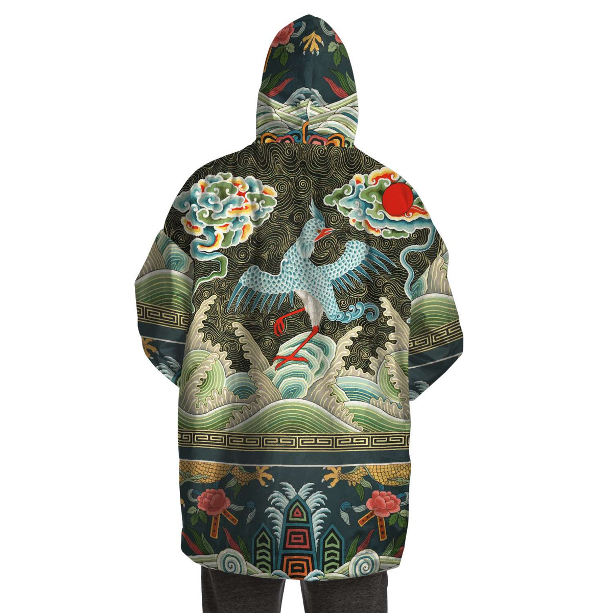 Male or Female Asian Crane Art Nouveau Giant Oversized Hoodie with Pockets