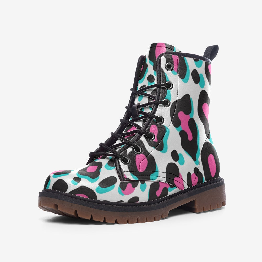 Combat Boots in Miami Snow Leopard, Vegan Leather Boots, Lace Up Boots