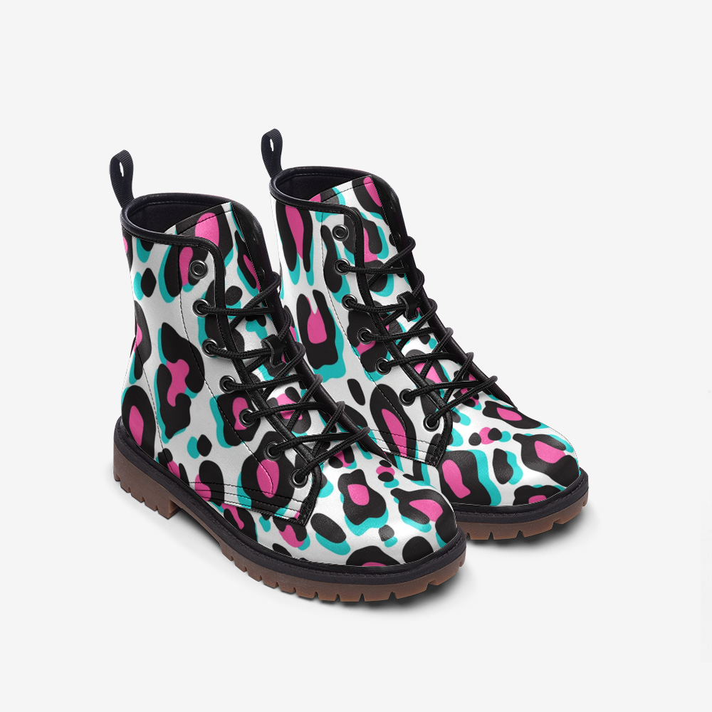 Combat Boots in Miami Snow Leopard, Vegan Leather Boots, Lace Up Boots