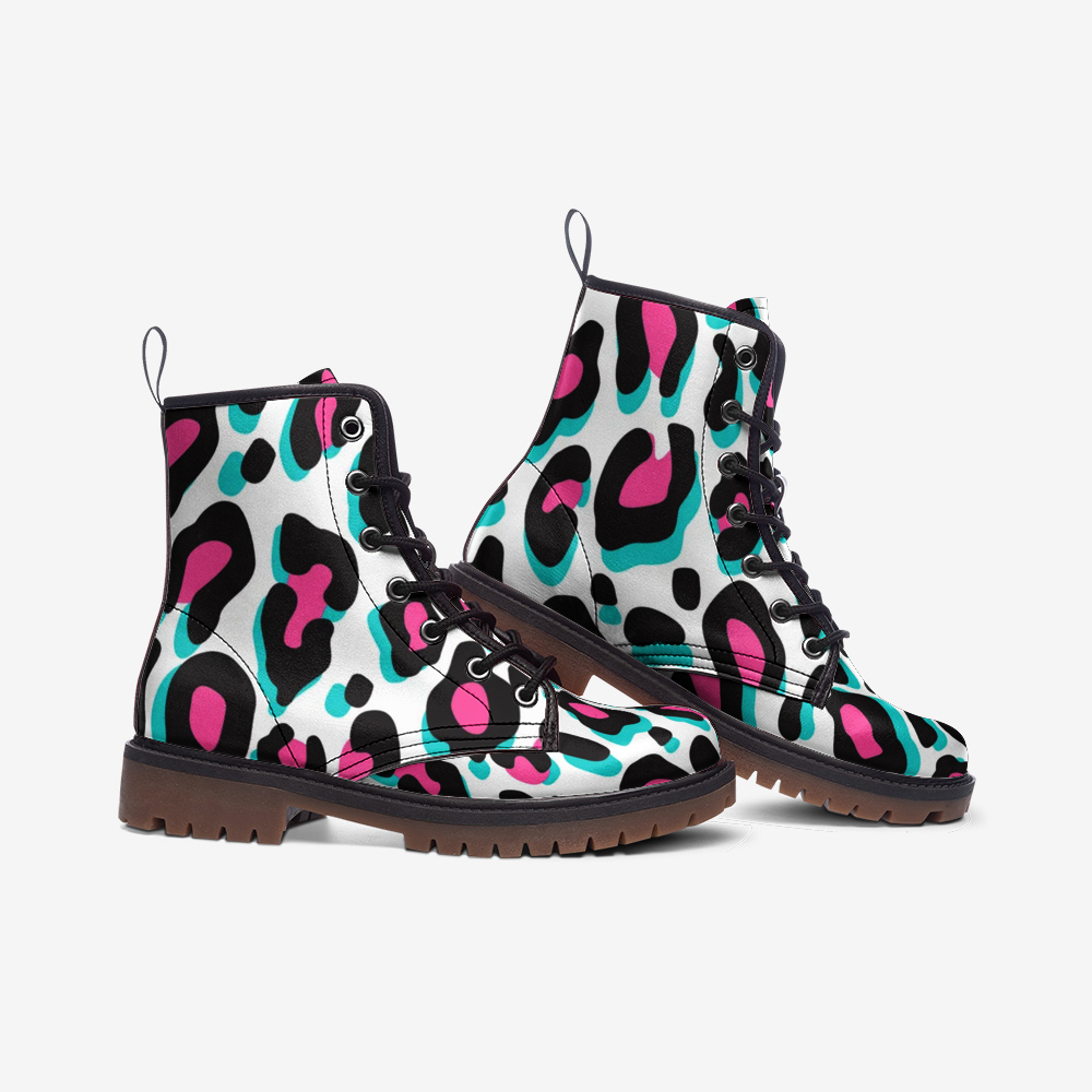 Combat Boots in Miami Snow Leopard, Vegan Leather Boots, Lace Up Boots