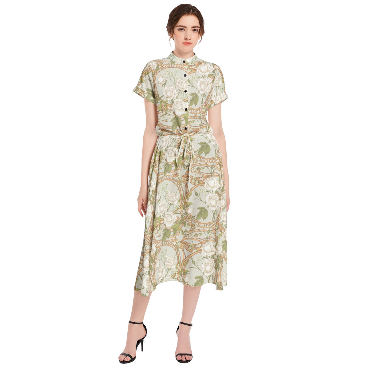 Art Nouveau cottage core Drawstring Waist A-line Flared Midi Dress