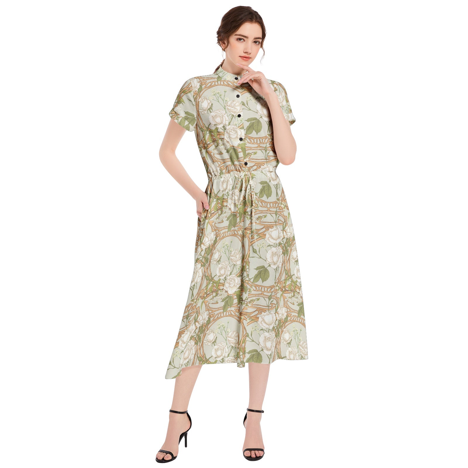 Art Nouveau cottage core Drawstring Waist A-line Flared Midi Dress