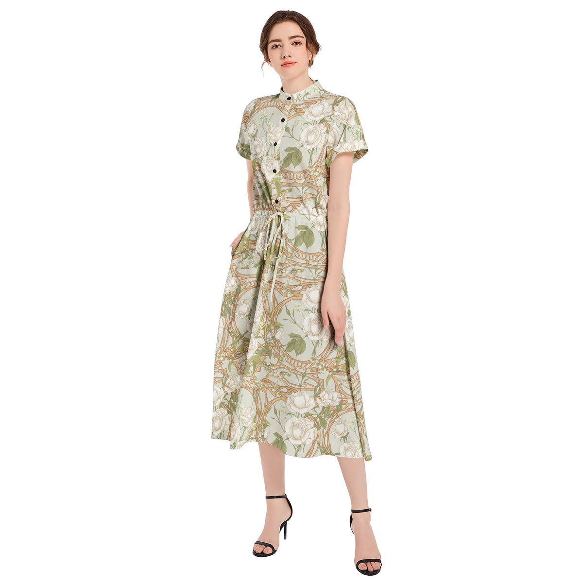 Art Nouveau cottage core Drawstring Waist A-line Flared Midi Dress