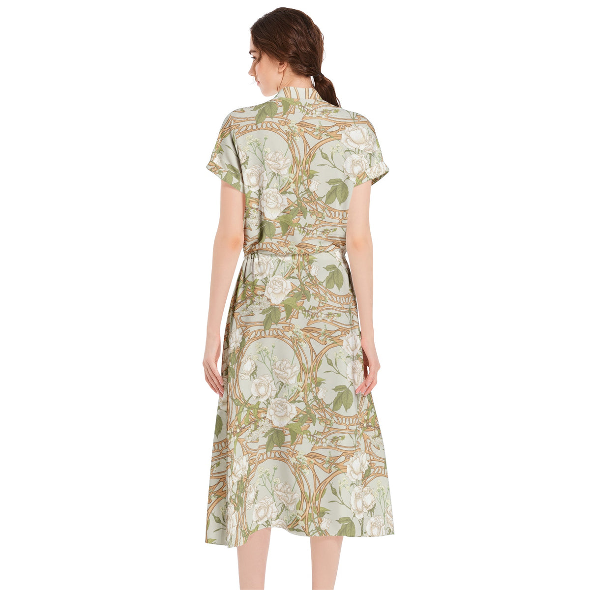 Art Nouveau cottage core Drawstring Waist A-line Flared Midi Dress