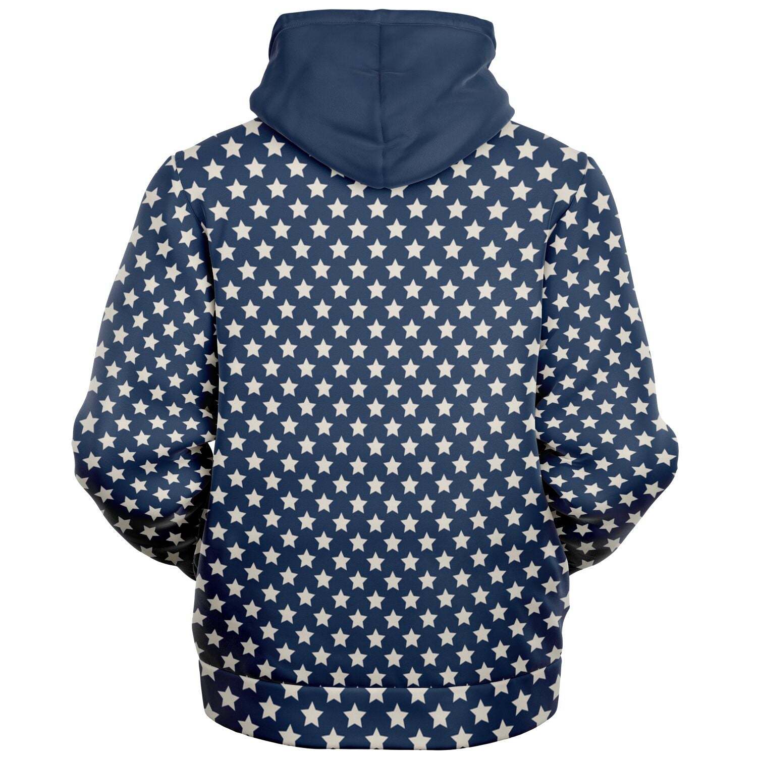 A blue and white microfleece zip-up hoodie with a color block hood featuring a star pattern, and a visible nylon zipper front closure.