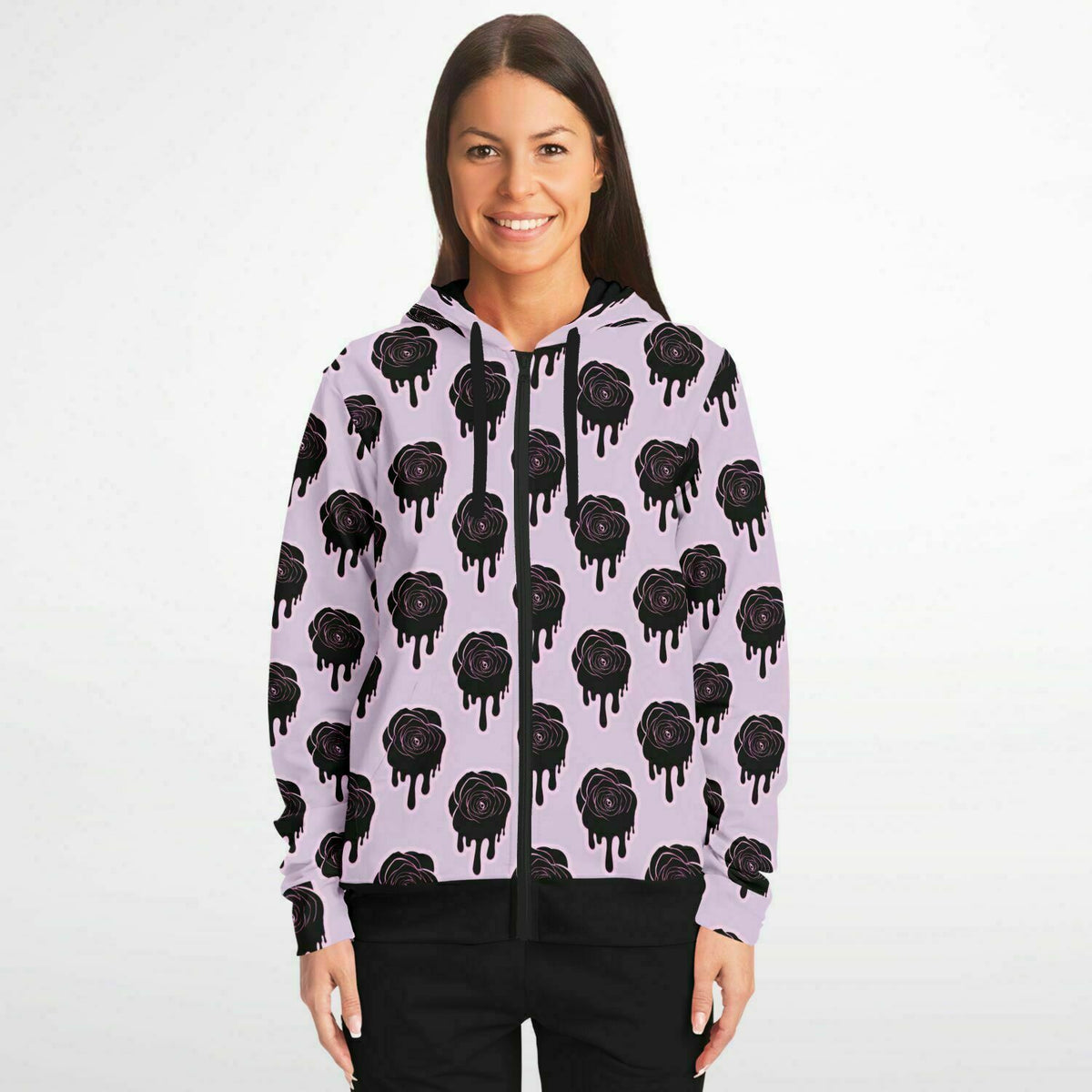 Athletic Zip-Up Hoodie - Black Rose Hoodie, Pastel Goth Hoodie