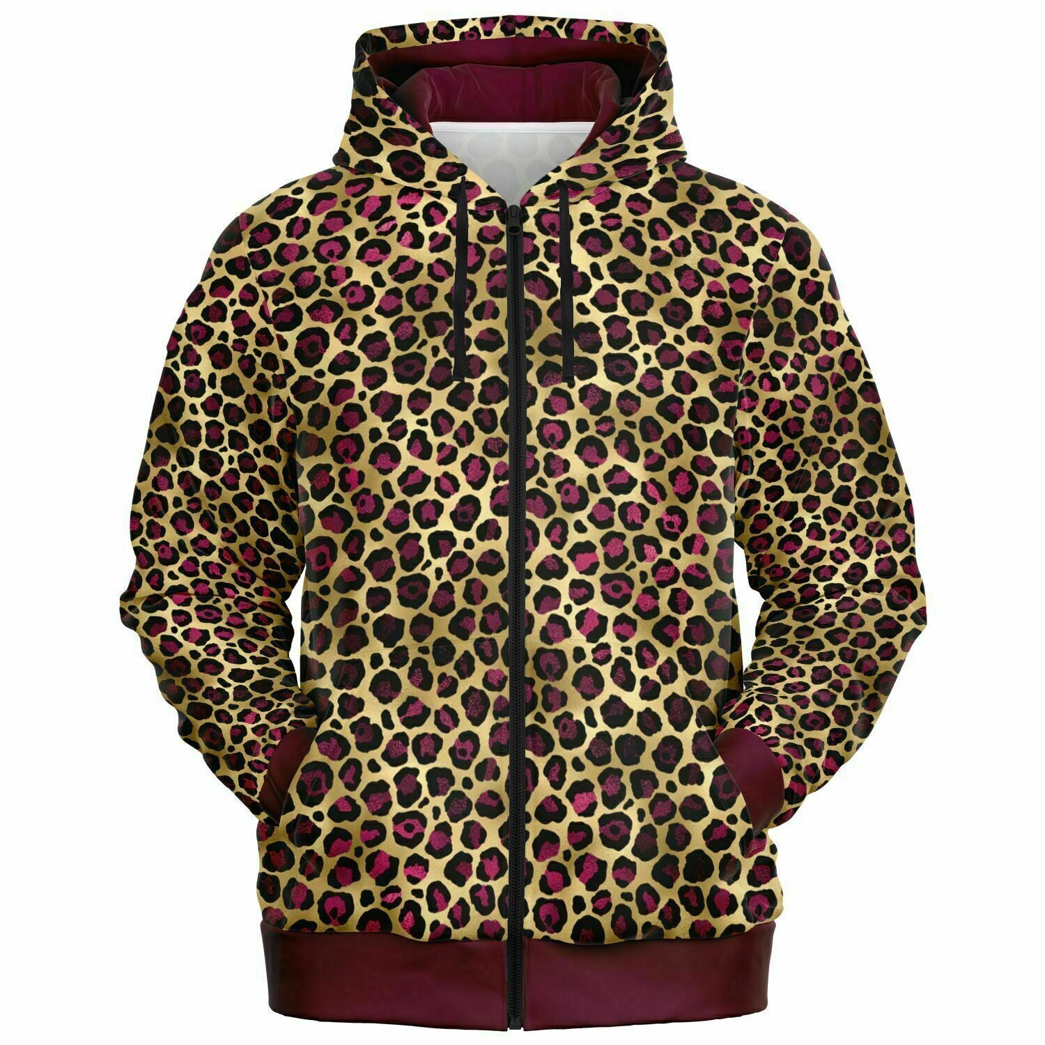 Leopard Luxe Zip Hoodie in Claret Contrast, Rockabilly, Rave, Plus Size Hoodie