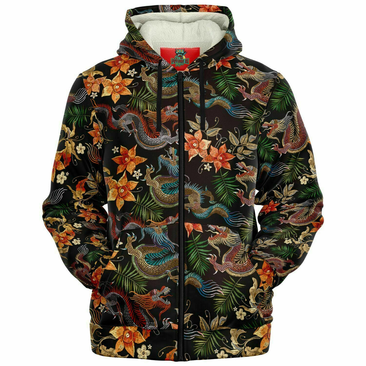 Harajuku Dragon and Floral Orange Blossom Microfleece Zip-Up Hoodie - Perfect for Festivals, Lounge Wear, and Outdoor Activities
