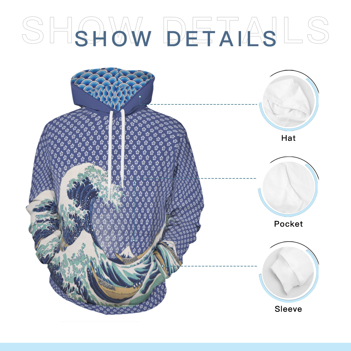 Hoodie mit Kunstdruck Die große Welle vor Kanagawa, Hokusai, 100% Baumwolle retro