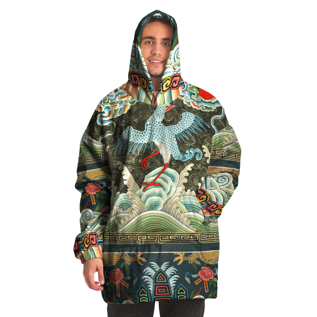 Male or Female Asian Crane Art Nouveau Giant Oversized Hoodie with Pockets