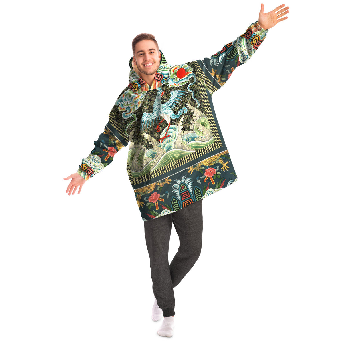 Male or Female Asian Crane Art Nouveau Giant Oversized Hoodie with Pockets