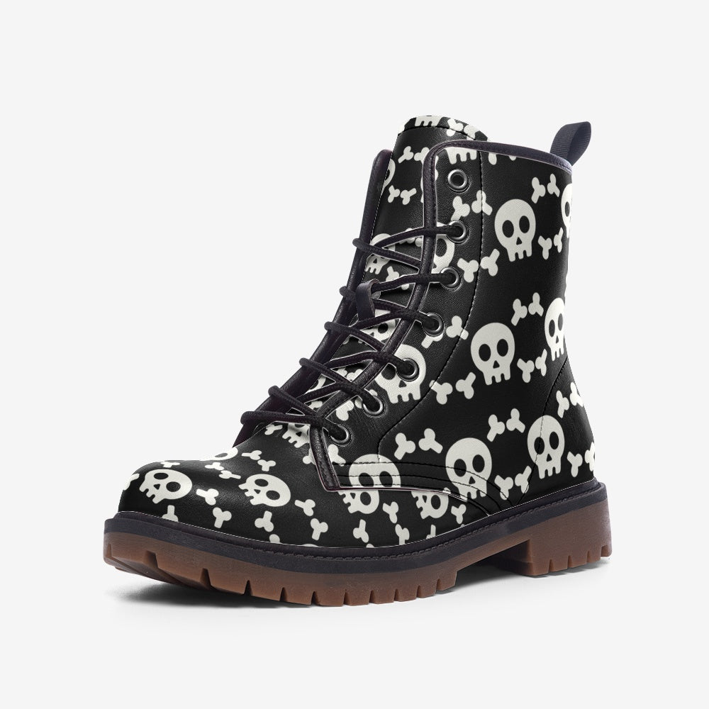 Vegan Leather Combat Boots Skull and Crossbones