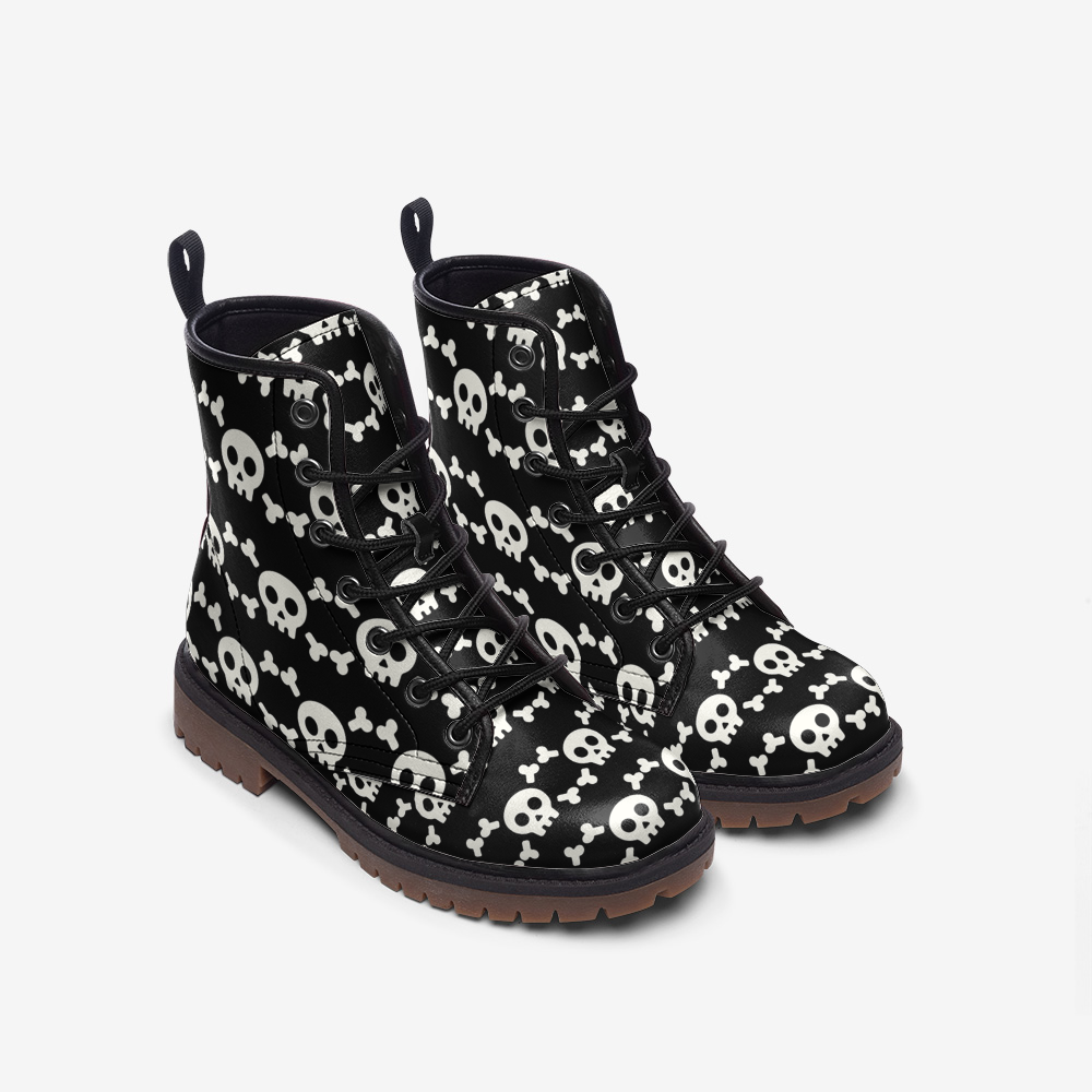 Vegan Leather Combat Boots Skull and Crossbones