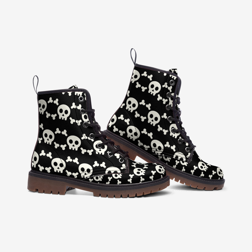 Vegan Leather Combat Boots Skull and Crossbones