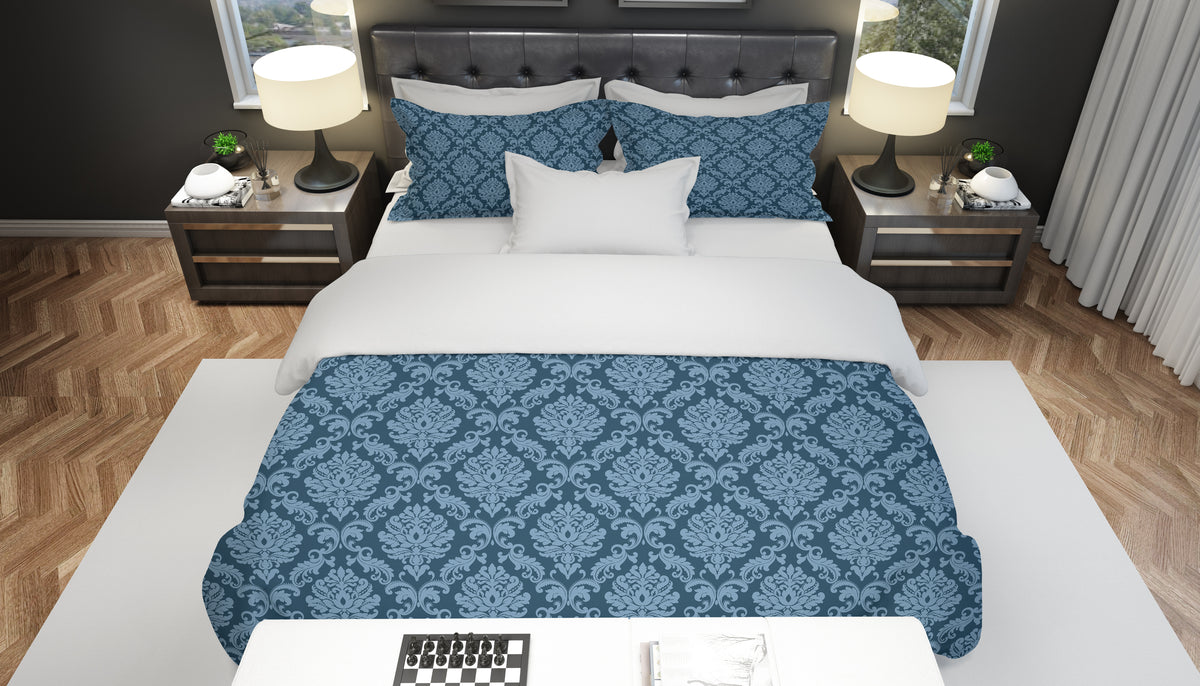 Bedding Set - Sateen Cotton Luxury Blue Damask
