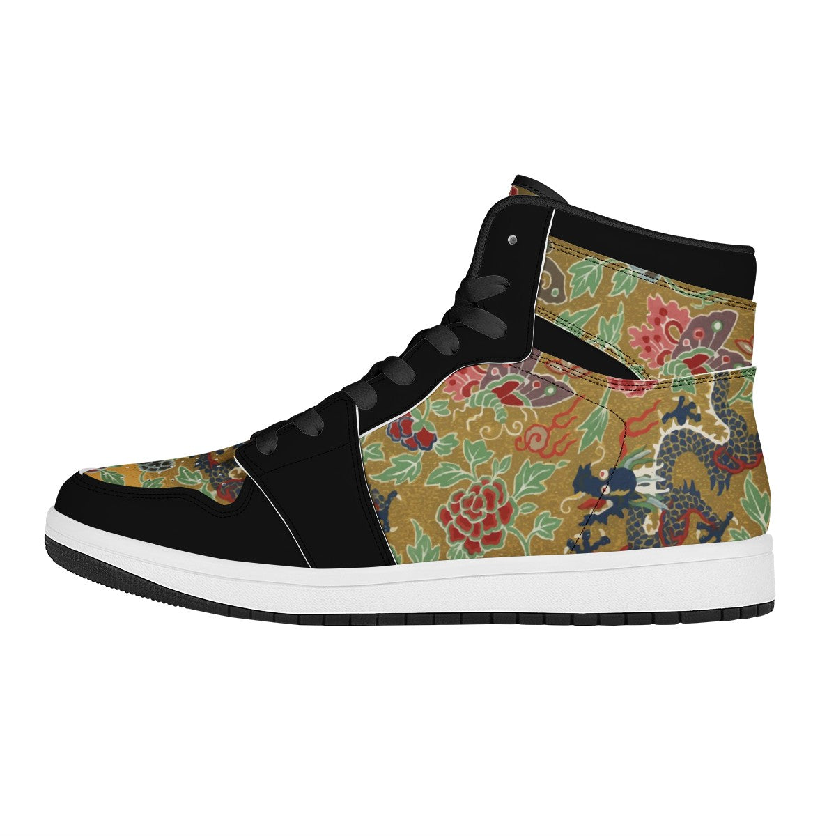 Chinese Ornamental Hi Top Custom Vegan Leather Sneakers Black High Top Leather Sneakers