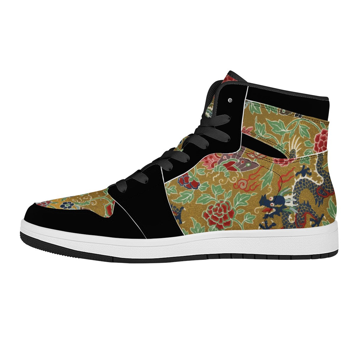 Chinese Ornamental Hi Top Custom Vegan Leather Sneakers Black High Top Leather Sneakers